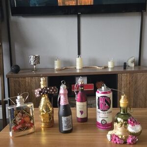 Mixed Lot of 6 "Boozy" Bar-Themed Glass Colorful Decorative Bottle Ornaments